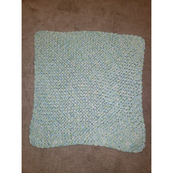 Beautiful Hand Crocheted Blue/Green/White Baby Blanket- 31" x 32" - Picture 2 of 8